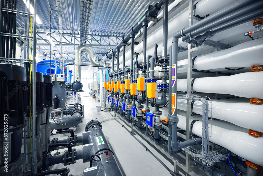 Reverse osmosis industrial city water treatment station. Wide angle ...