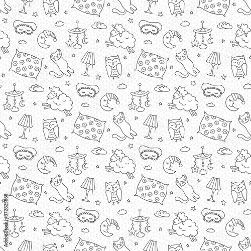 Sleep seamless pattern in doodle style. Good night symbols - moon, lamp, sleeping cat, pillow and more. Hand drawn vector illustration