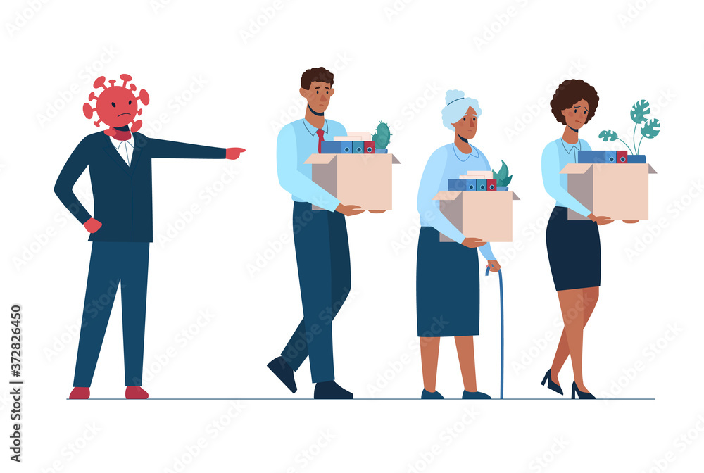 The coronavirus leaves people unemployed. A fired African man and women leave the office with a box in their hands. Job loss due to covid-19 virus, economic downturn. Dismissed employeest. Vector. The coronavirus leaves people unemployed. A fired African man and women leave the office with a box in their hands. Job loss due to covid-19 virus, economic downturn. Dismissed employeest. Vector.