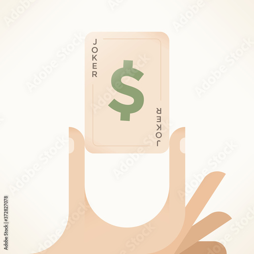 Business joker playing card and dollar symbol sign. Concepts: argument, negotiations, tricks, fortune, management, leadership, luck, lottery win, success, profit, money making, investments efficiency