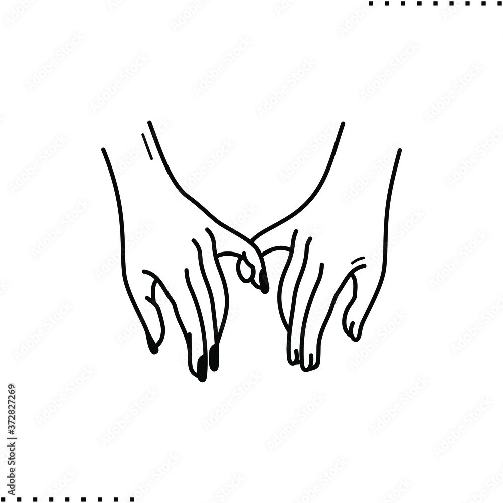 two hands holding only with fingers, tenderness vector icon in outlines