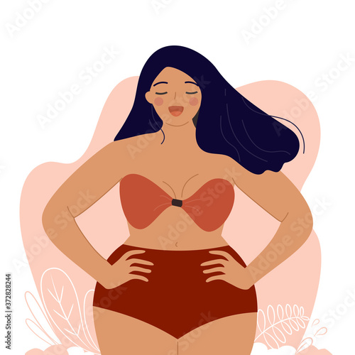 Happy plus size girl dressed in swimsuit or lingerie. Body positive and love yourself  for card or poster. Vector illustration.