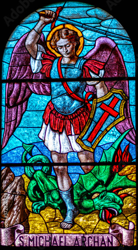 coloured stained glass of Saint Michael Archangel