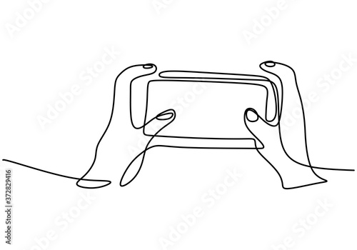 Continuous single drawn one line drawing of hand using modern gadget to playing the game. The phone is in the hands hand-drawn picture silhouette. Smart technology futuristic game player concept