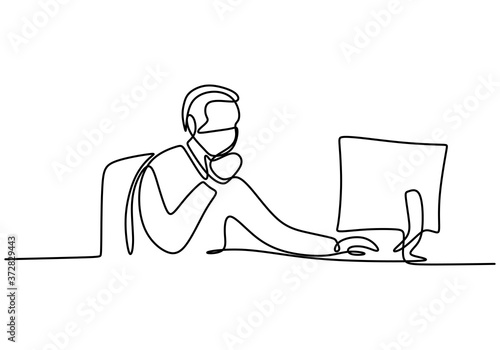 Continuous line drawing of man look computer screen. A professional office worker concentrated behind computer and wear a mask in pandemic COVID-19. Work from home concept. Vector illustration