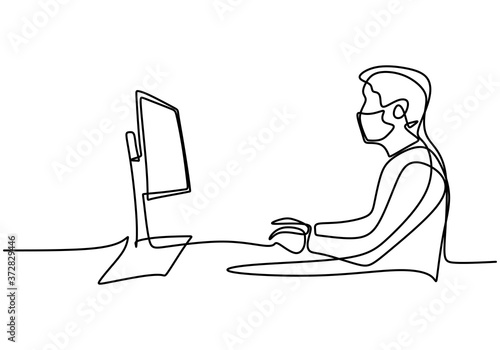 Continuous line drawing of man look computer screen. A professional office worker concentrated behind computer and wear a mask in pandemic COVID-19. Work from home concept. Vector illustration