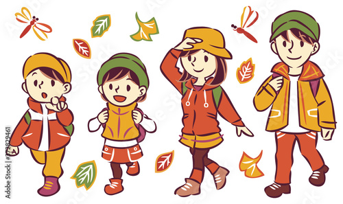 秋の紅葉　家族旅行　アウトドア　イラスト
