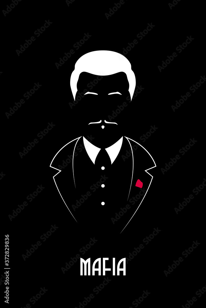 Mafioso boss with mustache and tuxedo. Portrait of the Italian Mafia. Black  and white vector illustration. Stock-vektor | Adobe Stock