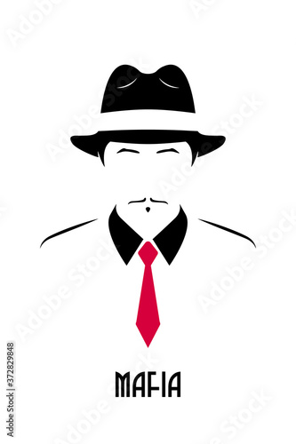 Gangster with mustache wearing a 1930s hat and red tie. Avatar of the Italian mafia. Stock vector illustration.