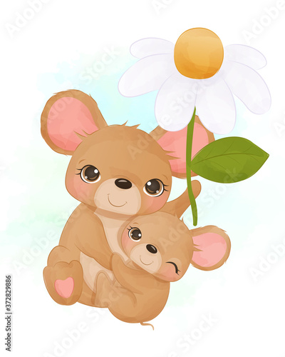 Adorable mommy and baby mice flying together