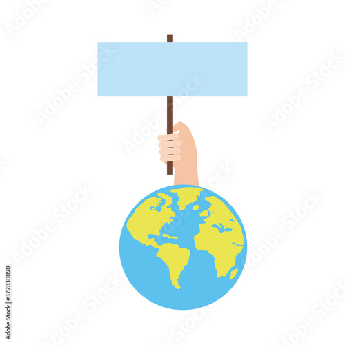 hand human with protest banner in earth planet flat style icon