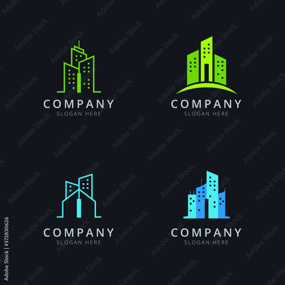 Fototapeta premium Initial I logo with building elements in green and blue color
