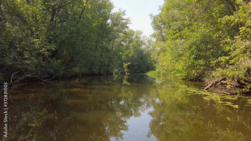 A small motor boat moves along a small river or Bayou with banks overgrown with green forest or jungle A small motor boat moves along a small river or Bayou with banks overgrown with green forest or jungle