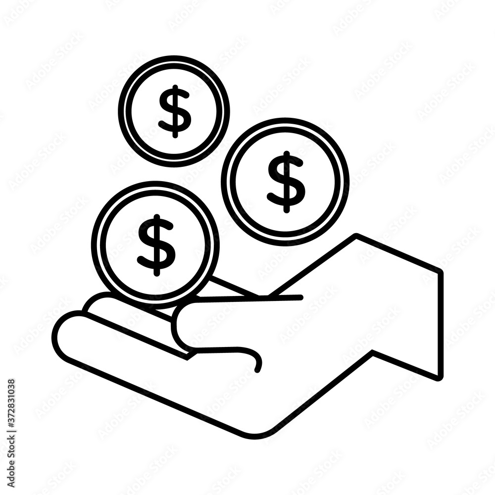 hand with coins money dollars line style icon hand with coins money dollars line style icon