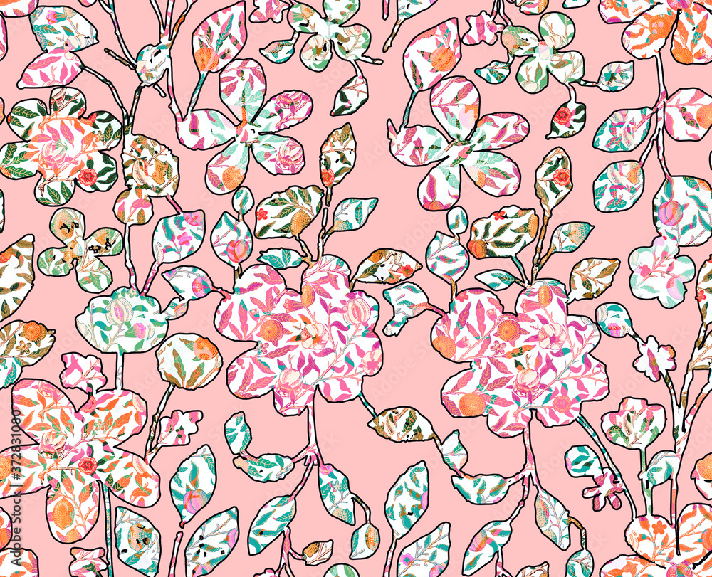 Fototapeta premium Tiny Floral Textured Flowers Seamless Pattern Trendy Fashion Colors Perfect For Interior and Fabric Print Wrapping Paper Sweet Ditsy Florals Inside Branches
