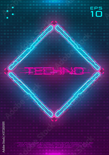 Futuristic poster with illuminated cyberpunk hologram Rhombus. Modern template with blue hud neon Rhombus with pink printed circuit board. Glow Design for poster, flyer, cover. Cyber vector