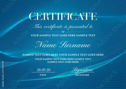Certificate template with Guilloche pattern (lines). Blue background for Diploma, certificate of achievement, attendance, award design