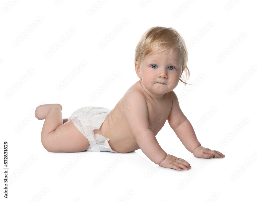 Cute little baby in diaper on white background Cute little baby in diaper on white background