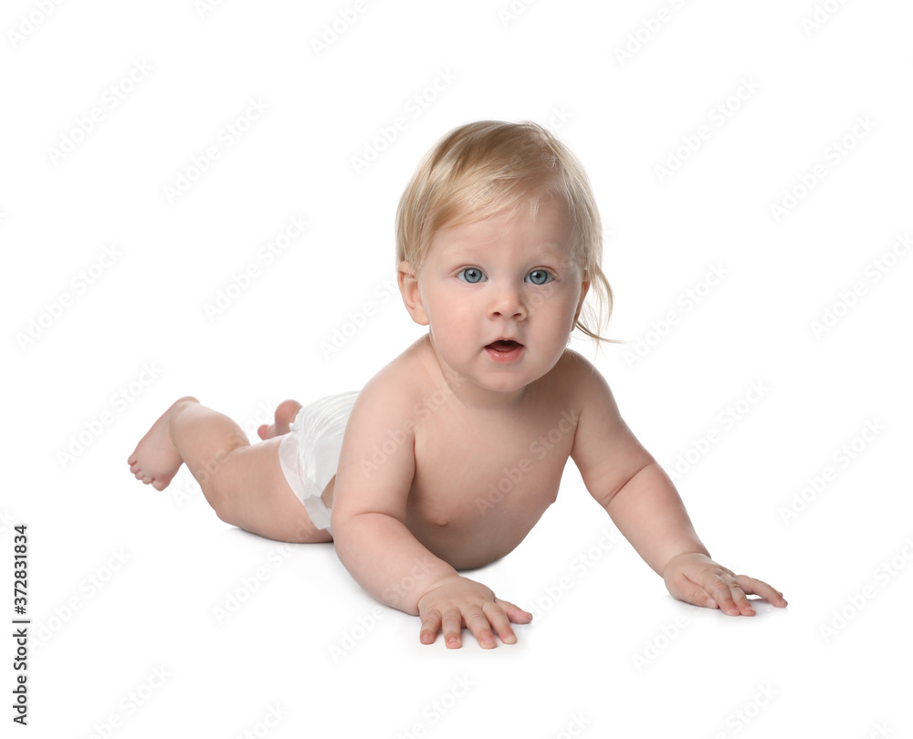 Cute little baby in diaper on white background Cute little baby in diaper on white background