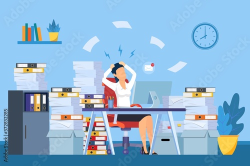 Tired and exasperated office worker is grabbed his head among piles of papers and documents. Stress in the office. Rush work. Vector illustration in flat style