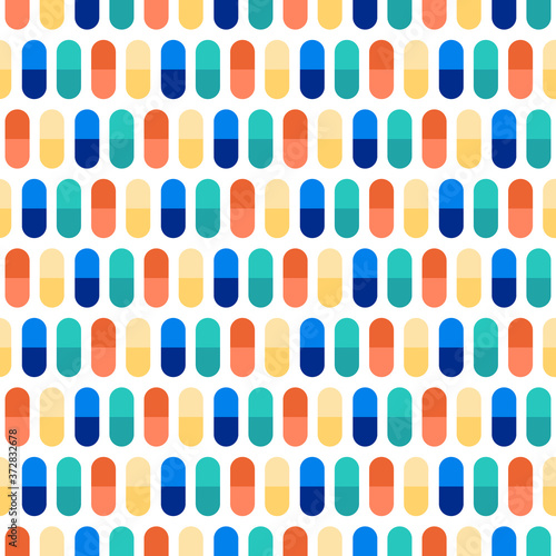 Vector cartoon style seamless pattern background with colorful pills, capsule vitamins.
