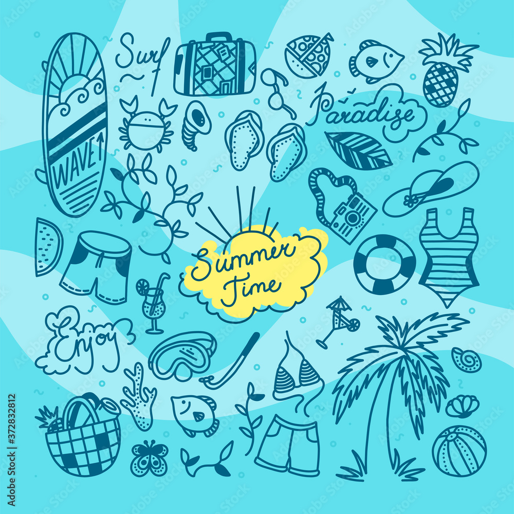 Summer time doodle set. Water sports, relax and tropical holiday objects. Vector illustration in blue background with waves