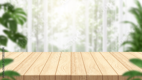 Empty wooden table and blur background, consisting of curtains and plants. top wood for montage product display. 3D illustration