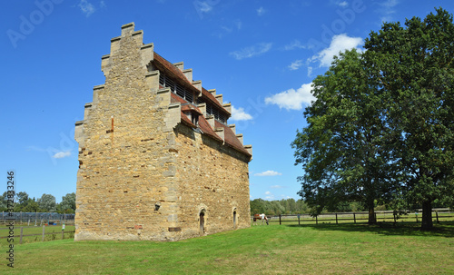 Dovecote and trees with blue sky and clouds. photo