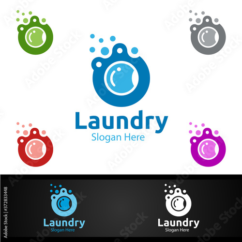 Laundry Dry Cleaners Logo with Clothes, Water and Washing Concept