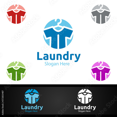 Laundry Dry Cleaners Logo with Clothes, Water and Washing Concept