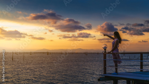 Panorama traveler woman joy fun beautiful nature scenic landscape Songkhla lake at sunset, Panoramic view tourist travel Thailand summer vacation trips, Tourism destinations place Asia for web banner