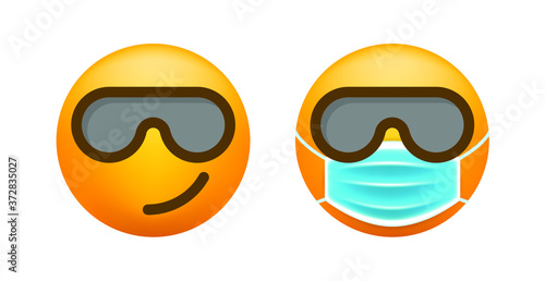Realistic Cute Emoticon with Face Mask on White Background . Isolated Vector Illustration 