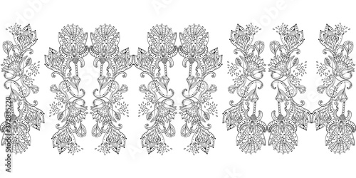 Stylish white vintage floral kalamkari ornament pattern on black background. Vector surface design for fabric  apparel textile  book  interior  wallpaper  phone case. Monochrome
