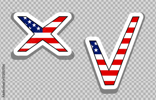 american elections vote vector illustration set. collection of badge patch stickers with democratic civil society slogans, stars and stripes flag elements. ready-made design for advertising printing