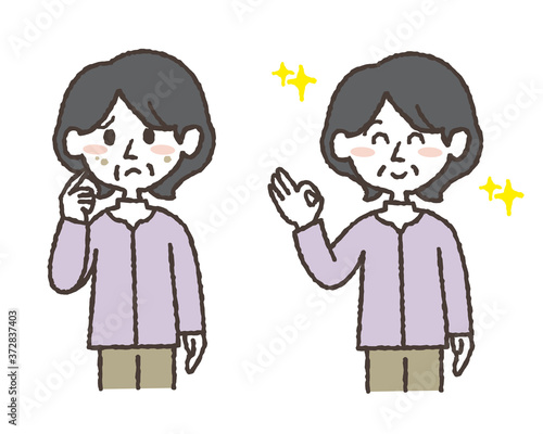 シミを気にするおばあさんと、シミを取り除いたおばあさんのイラストセット