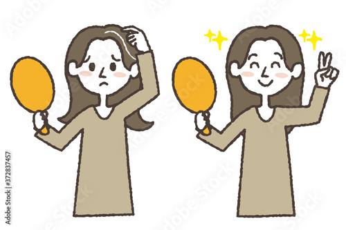 白髪を気にする若い女性と、そめて笑顔の若い女性のイラスト