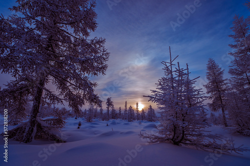 Winter lanscape with sunset, trees and cliffs over the snow. Winter snowscape with forest, trees and snowy cliffs. Blue sky. Winter landscape. photo