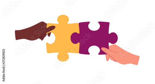 Business partnership metaphor. The concept of building a business system, solving problems, brainstorming, recruiting, teamwork, collaboration. Vector illustration in flat cartoon style.