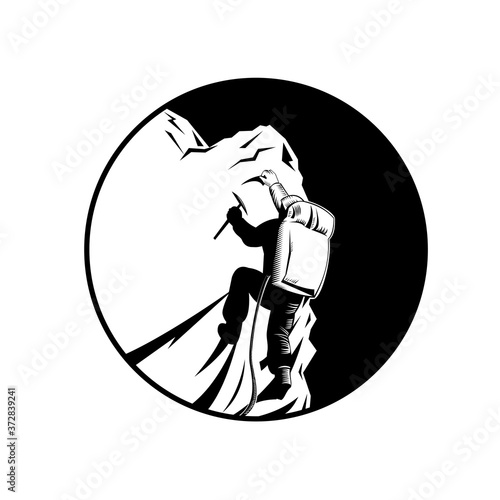 Mountain Climber or Mountaineer with Ice Ax Climbing Summit Retro Woodcut Black and White Retro