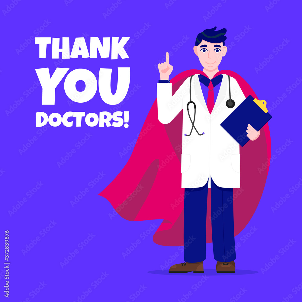 Young adult doctor hospital medical employee with hero cape behind fights against diseases and viruses on frontline flat style vector illustration. Doctor physician medical clinic staff new hero