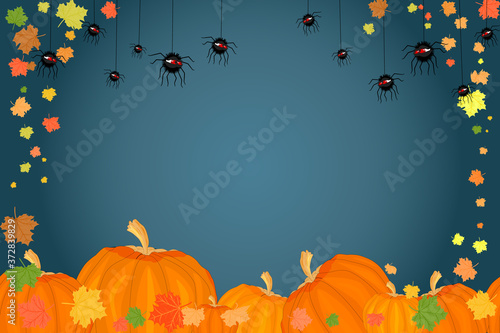 Holiday banner with pumpkins, spiders and autumn leaves isolated on dark background. Many spiders and pumpkins border frame with space text. Thanksgiving holiday, harvest, halloween concept. Vector