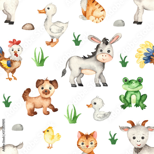 Watercolor seamless pattern with farm animals, donkey, goat, rooster, goose