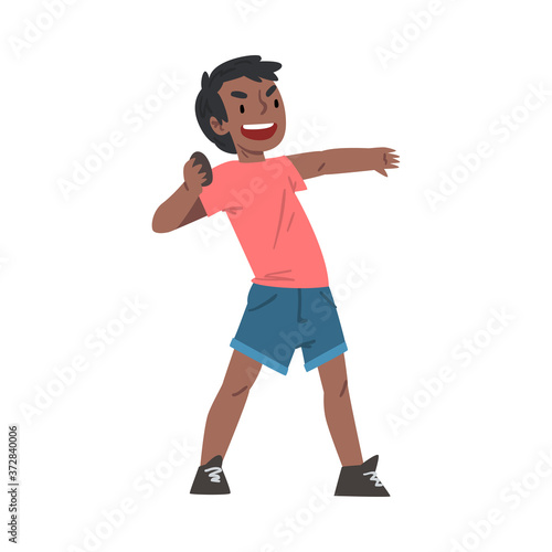 African American Boy Throwing Stones, Bad Child Behavior Cartoon Style Vector Illustration on White Background