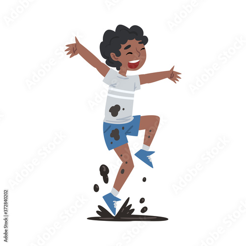African American Boy Jumping in the Mud, Bad Child Behavior Cartoon Style Vector Illustration on White Background