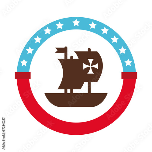 seal stamp with caravel ship columbus day flat style icon