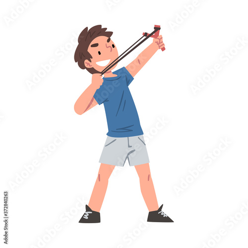 Boy Shooting a Slingshot, Bad Child Behavior Cartoon Style Vector Illustration on White Background