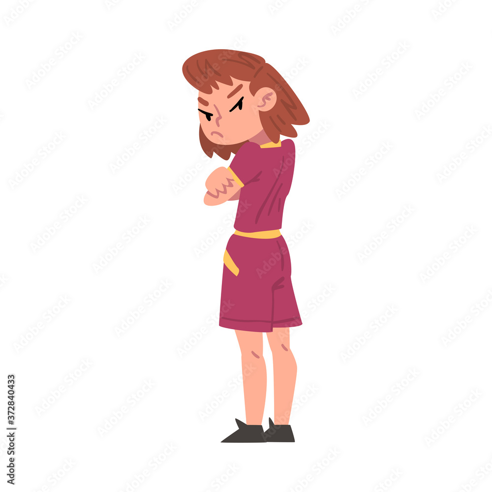 Little Offended Girl Standing with Folded Hands Cartoon Style Vector Illustration on White Background Little Offended Girl Standing with Folded Hands Cartoon Style Vector Illustration on White Background