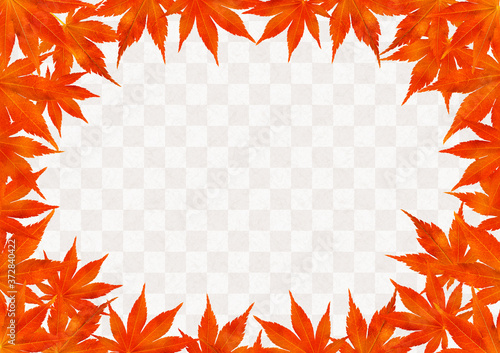 Frame of red autumn leaves gray checkered