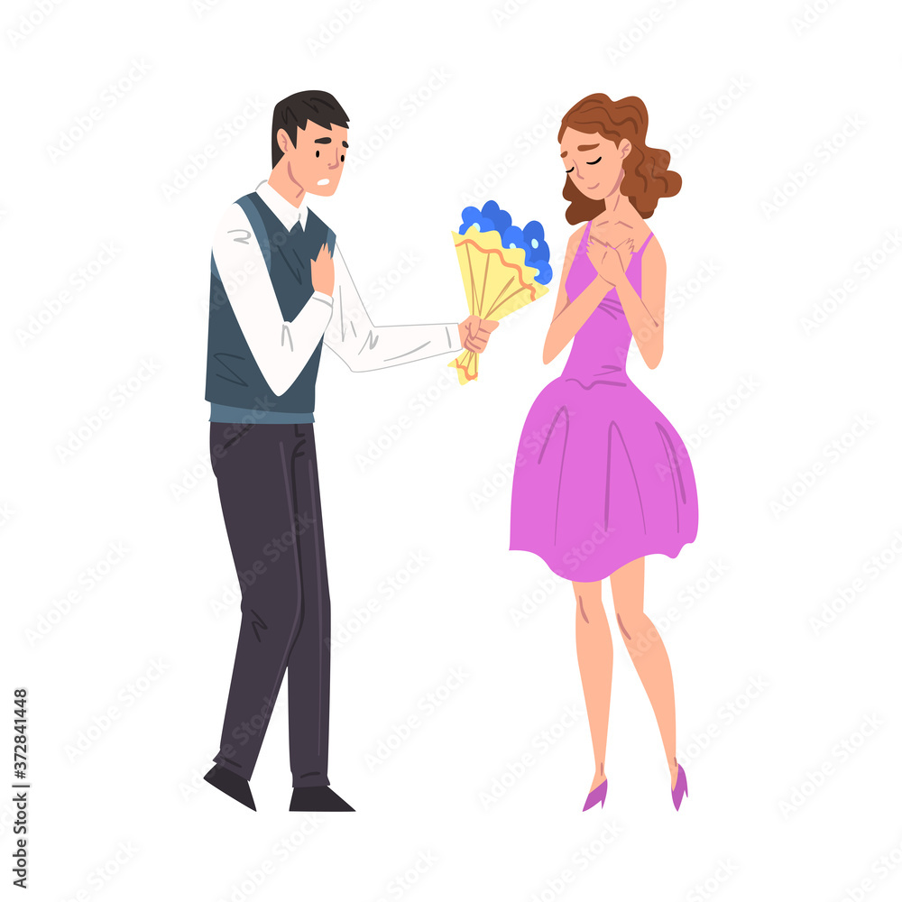 Young Man Giving Bouquet of Flowers to Happy Beautiful Woman, Couple in Love on Romantic Date Cartoon Style Vector Illustration Young Man Giving Bouquet of Flowers to Happy Beautiful Woman, Couple in Love on Romantic Date Cartoon Style Vector Illustration