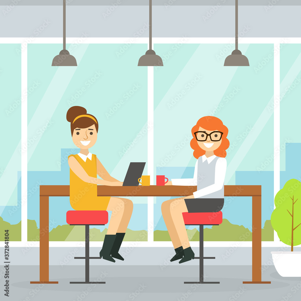 Coworking Space with Two Smiling Businesswoman Sitting at Desk, Business Team Working Together in Coworking Open Office Vector Illustration Coworking Space with Two Smiling Businesswoman Sitting at Desk, Business Team Working Together in Coworking Open Office Vector Illustration